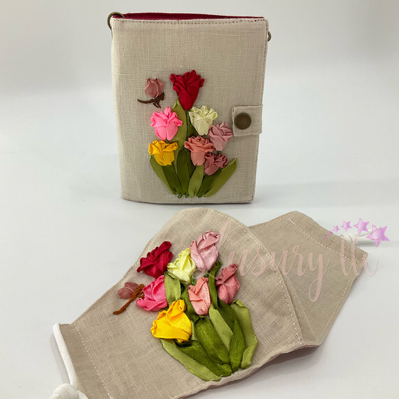 Tulip Embroidery Passport Wallet & Silk Mask, Wedding Gift, Versatile Washable - Picture 1 of 16